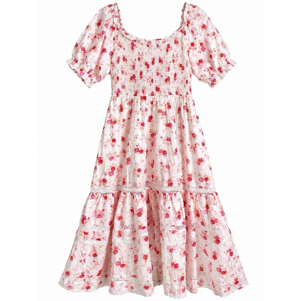 LoveShackFancy x Target Floral Midi Dress Size M Pink Puff Sleeve Cottagecore